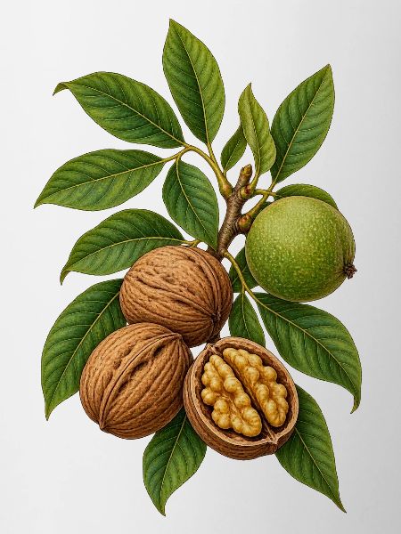 Walnüsse mit Blättern Botanische Illustration