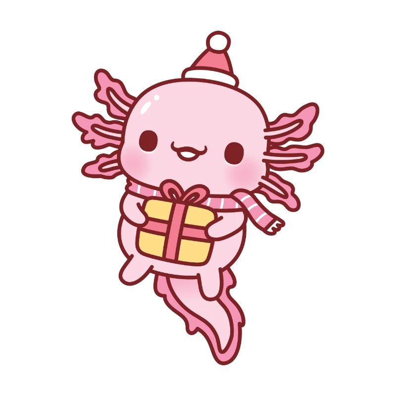 Mignon axolotl avec écharpe de chapeau de père Noël et cadeau