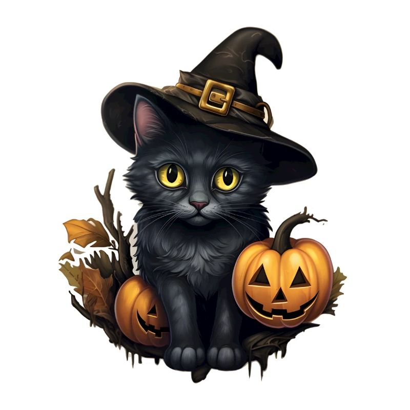 Halloween schwarzer Kater mit Hut und Kürbis