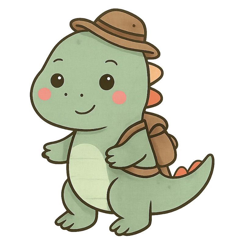 Cuddly dinosaur with adventure hat
