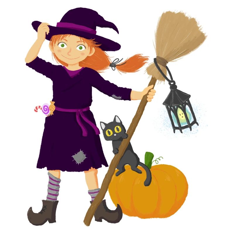 Sorcière avec balai et chat