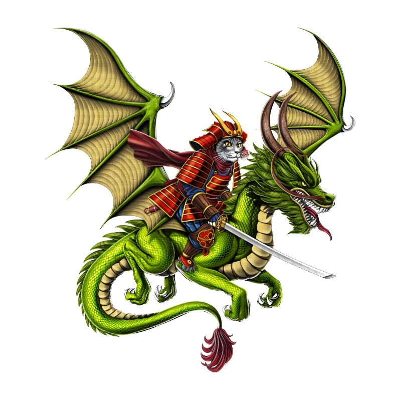 Japanese Samurai Cat Riding Dragon