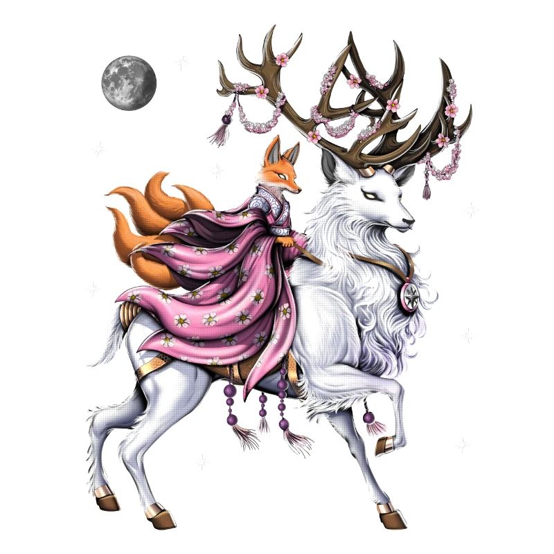 Japanese Kitsune Fox Riding Cherry Blossom Deer