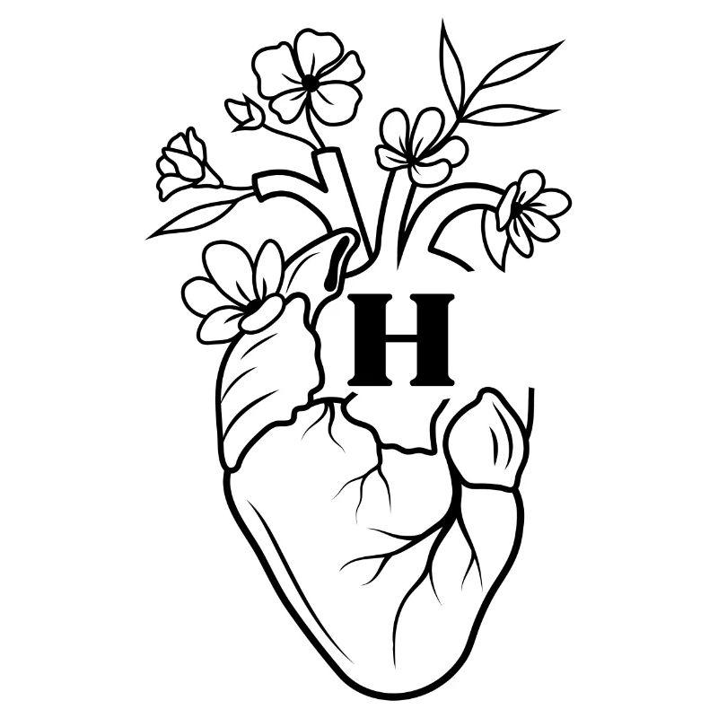 Buchstabe h Herz schwarze florale Anatomie