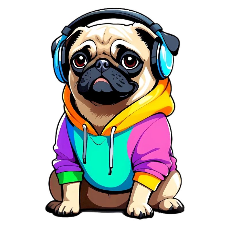 Pug mit Kopfhörer und Kleidung
