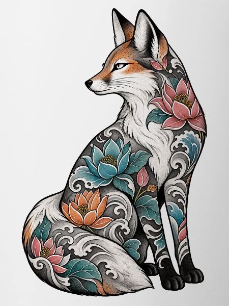 Mondfuchs mit Blumen-Tattoo