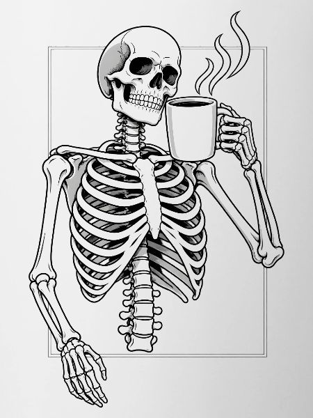 Skelett mit Morgenkaffee