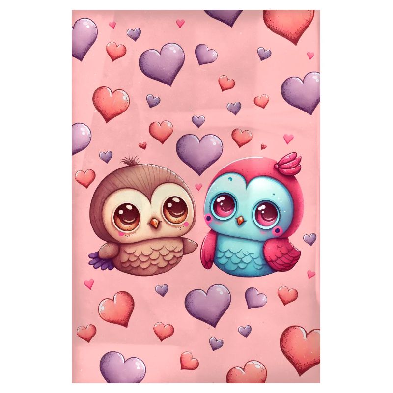 Two cute loving birds surrounded with hearts