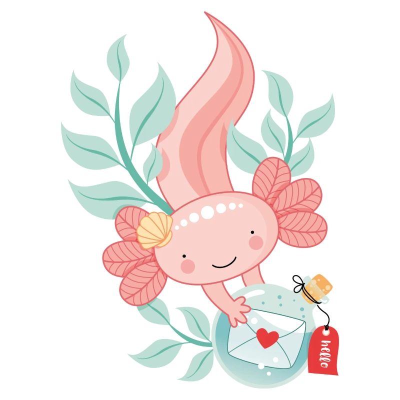 Axolotl with message in a bottle