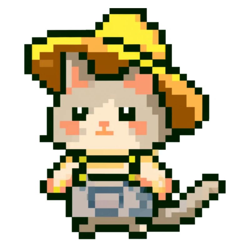 Katze mit Farmerhut, Farmer, Latzhose, pixelart
