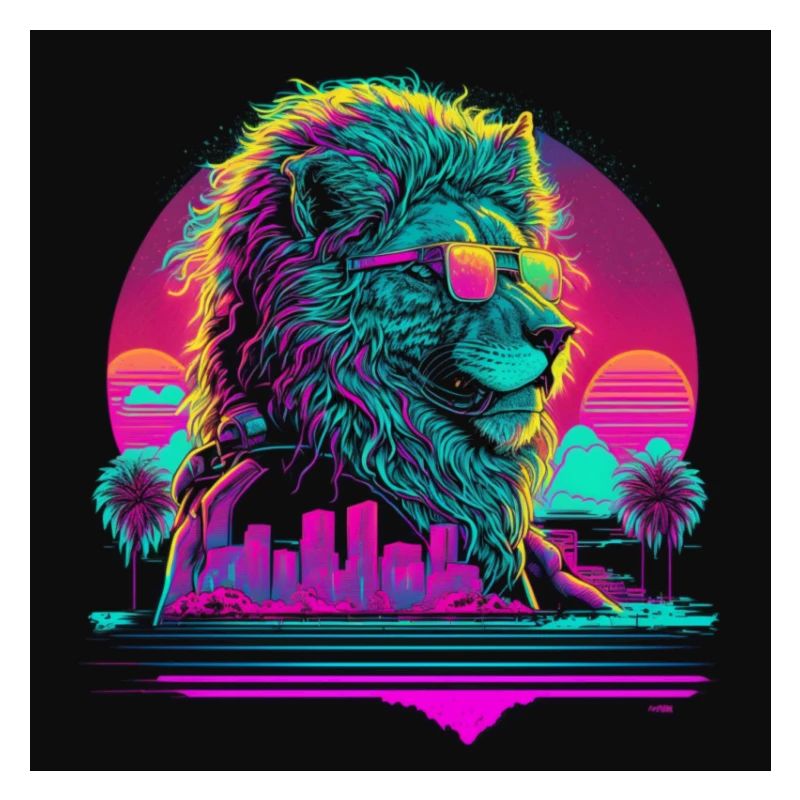 Löwe mit Neonfarben, Synthwave / 80er Jahre