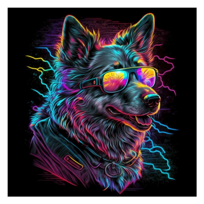 Chien aux couleurs néon, synthwave / 80s