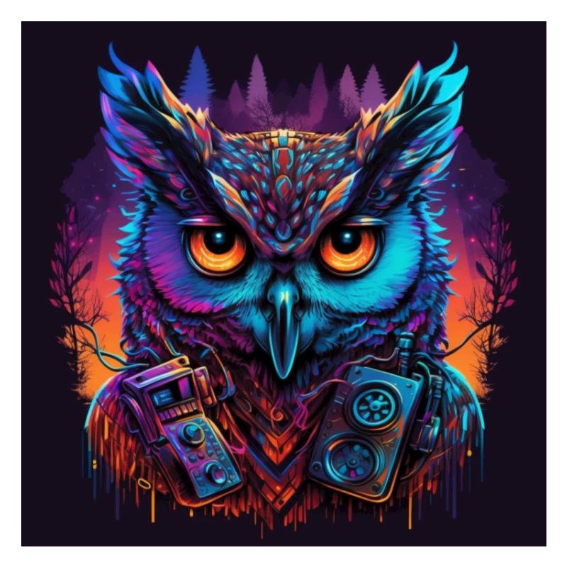 Eule mit Neonfarben, Synthwave / 80er Jahre