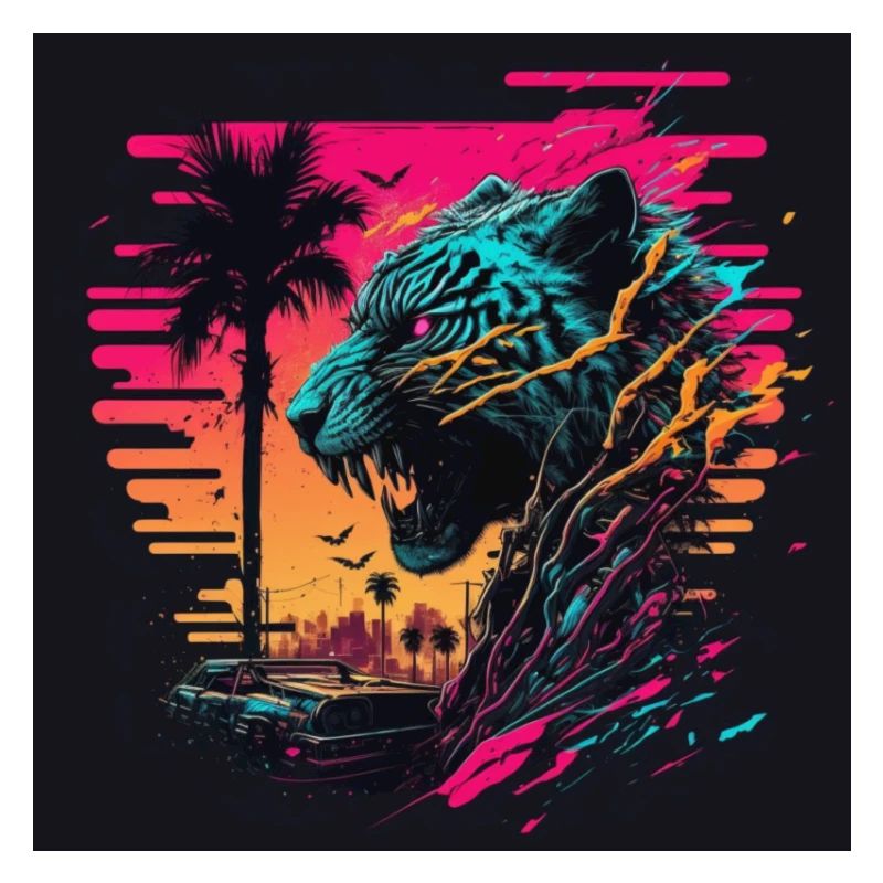 Tigre aux couleurs néon, synthwave / 80s