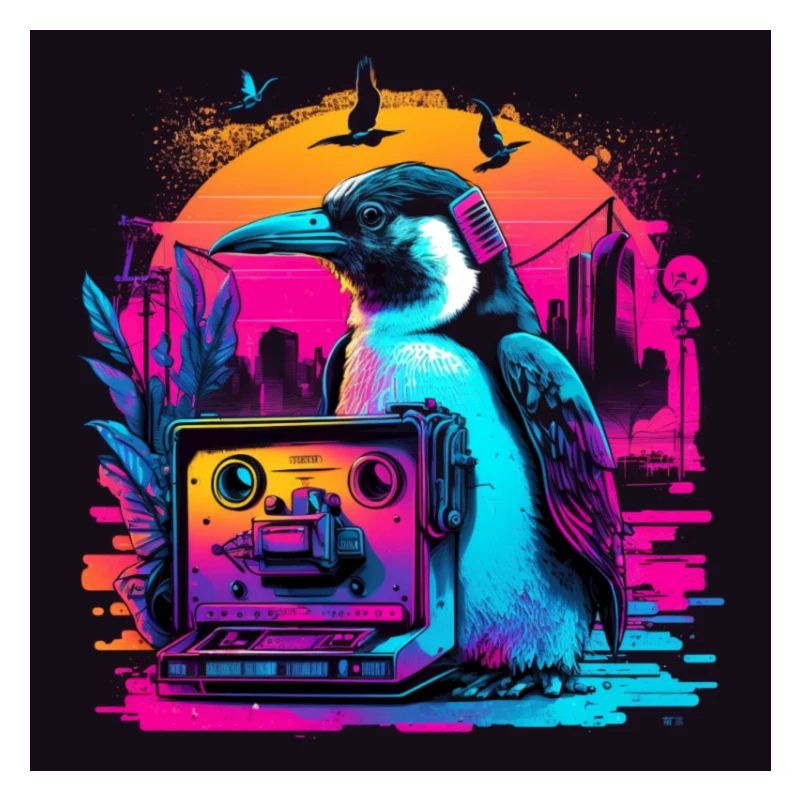 Pingouin aux couleurs néon, synthwave / 80s