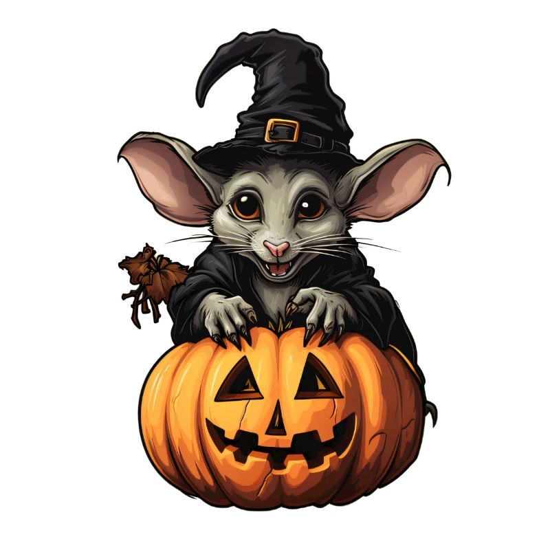 Halloween Rat with Witch Hat and Pumpkin