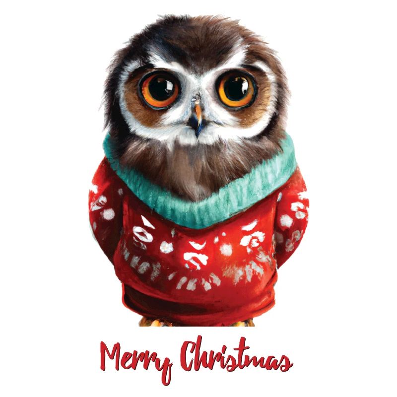 Eule im Pullover mit den Worten Frohe Weihnachten