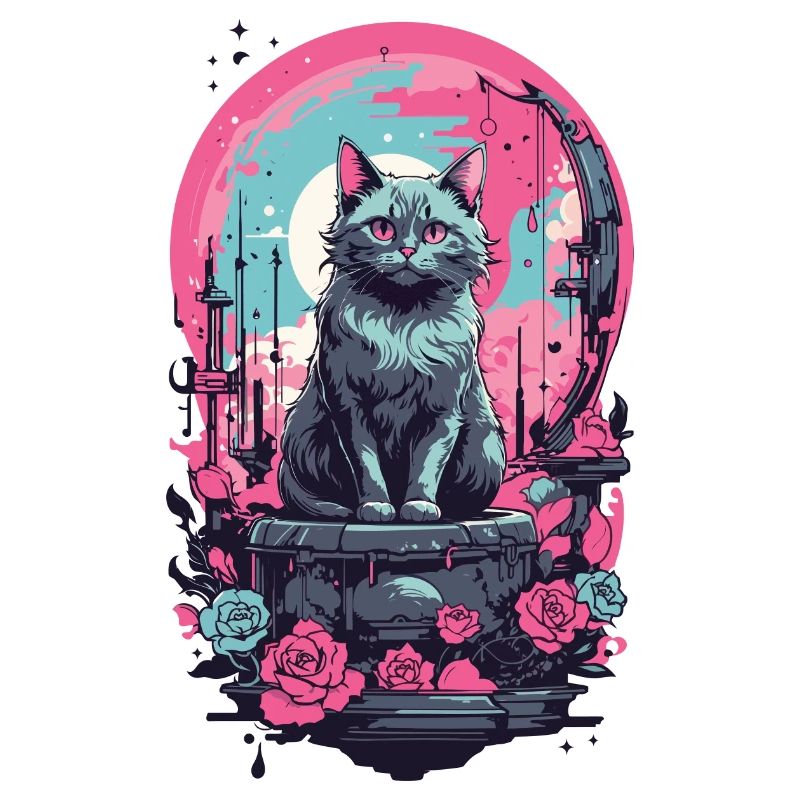 Gothic Pastel Cat with Moon and Roses