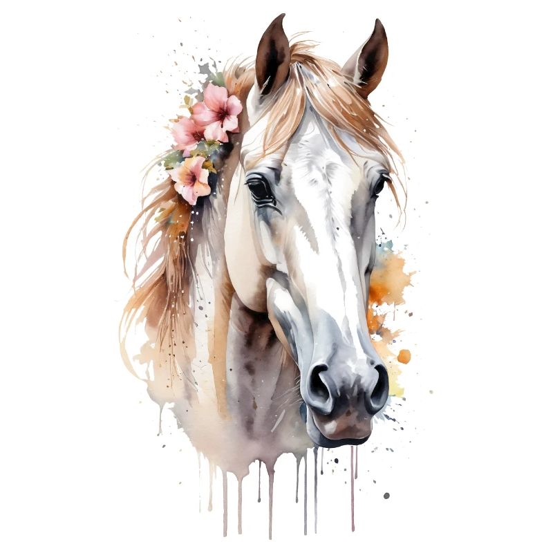 Cheval couronné de fleurs à l’aquarelle
