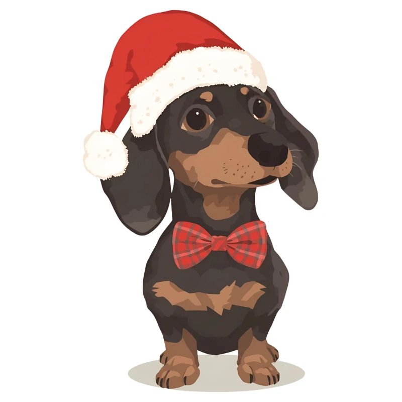 Christmas dachshund with hat and bow tie