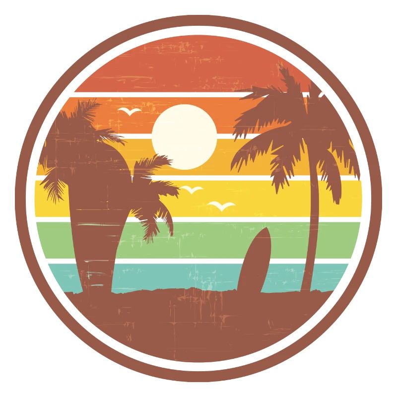 Paysage de plage avec palmiers et planche de surf