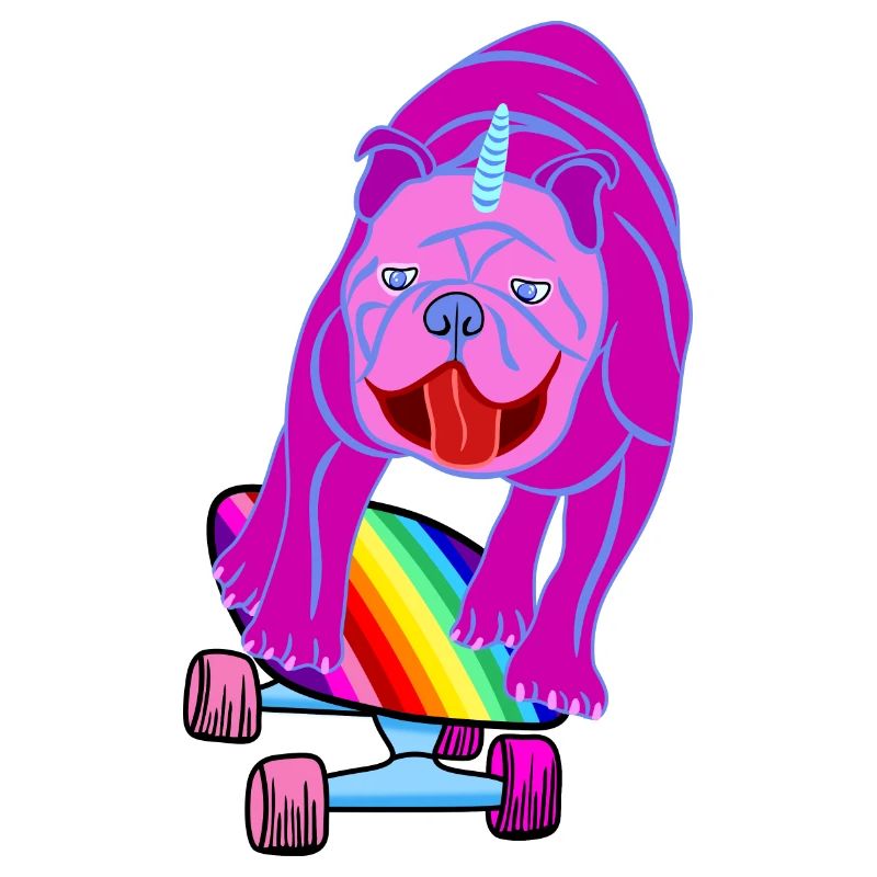Skateboard Hund Mops Bulldogge Einhorn Regenbogen