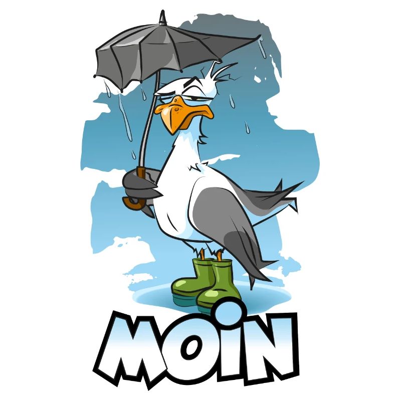Möwe mit Regenschirm und Gummistiefel - Moin