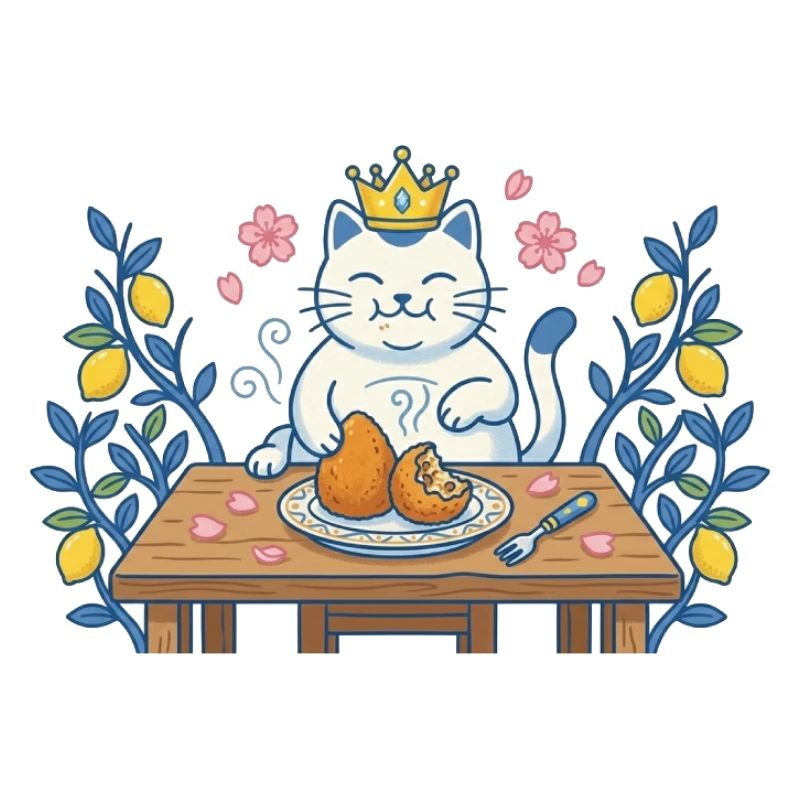 Chat roi à table avec des croquettes