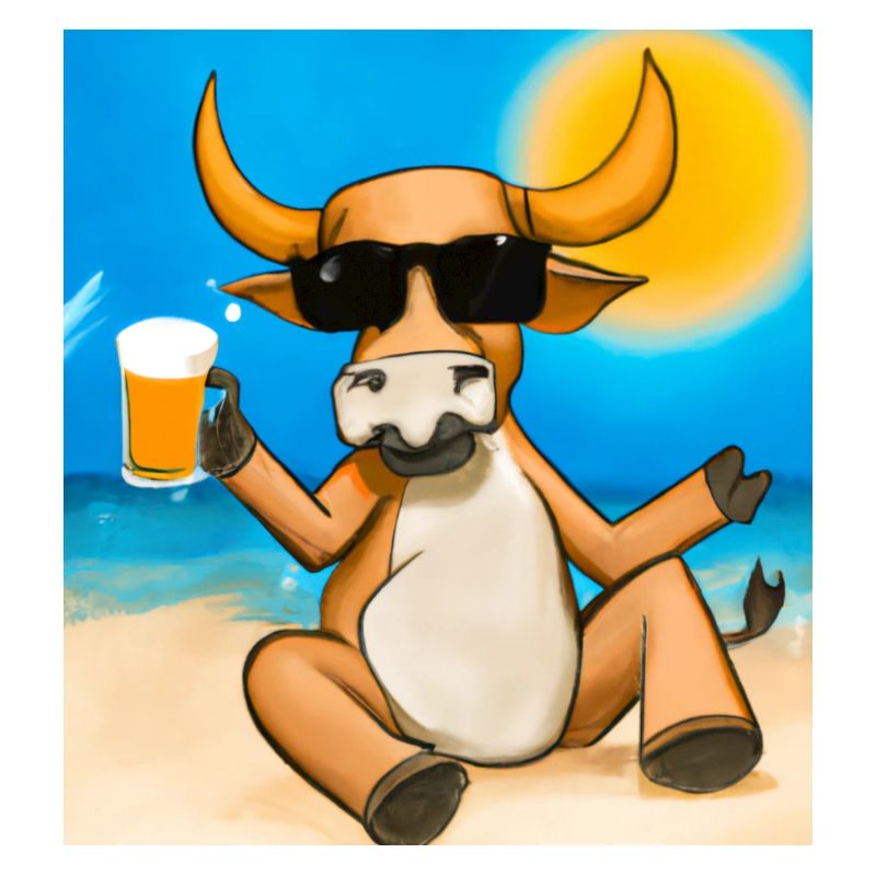Taureau avec lunettes de soleil et bière sur la plage dorée
