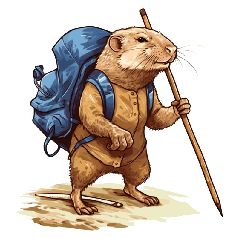 Mole rat with backpack and walking stick