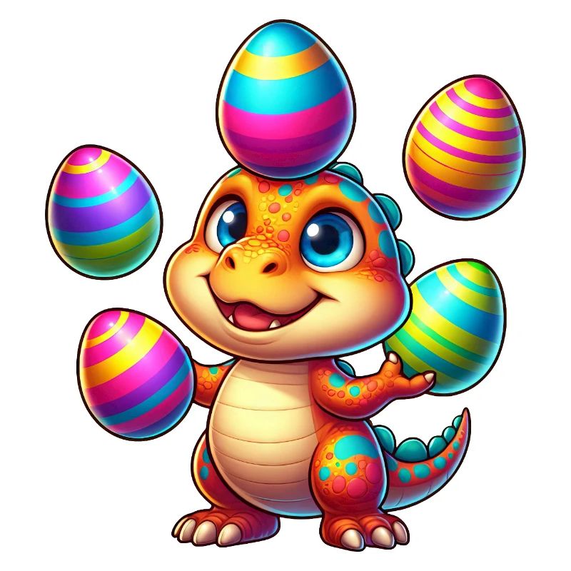 Easter Dino T-Rex juggles colorful Easter eggs