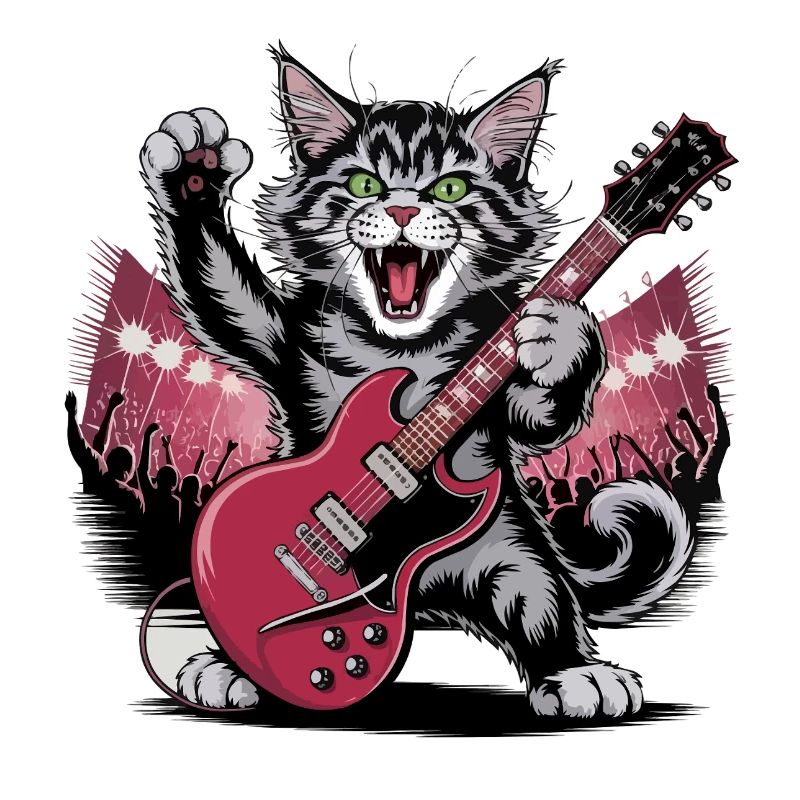 Rockende Katze mit E-Gitarre – Wildes Musikdesign
