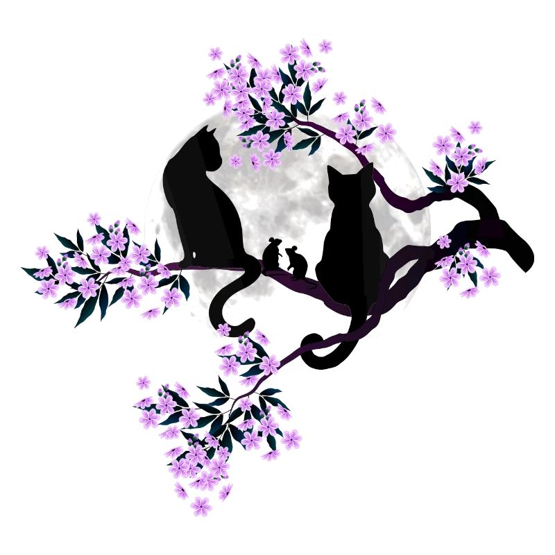 Cats under the full moon in the blossoming cherry tree