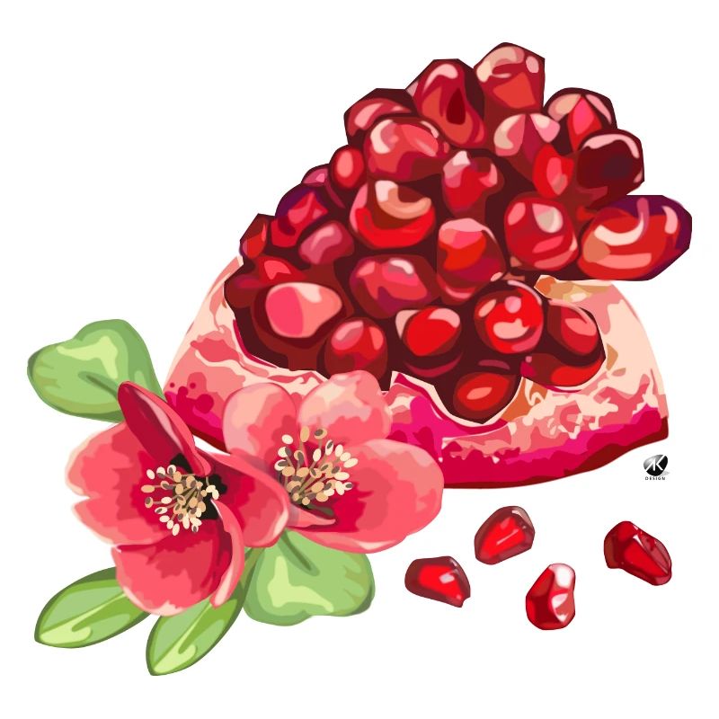 Granatapfelstück, Blumen und Granatapfelkerne