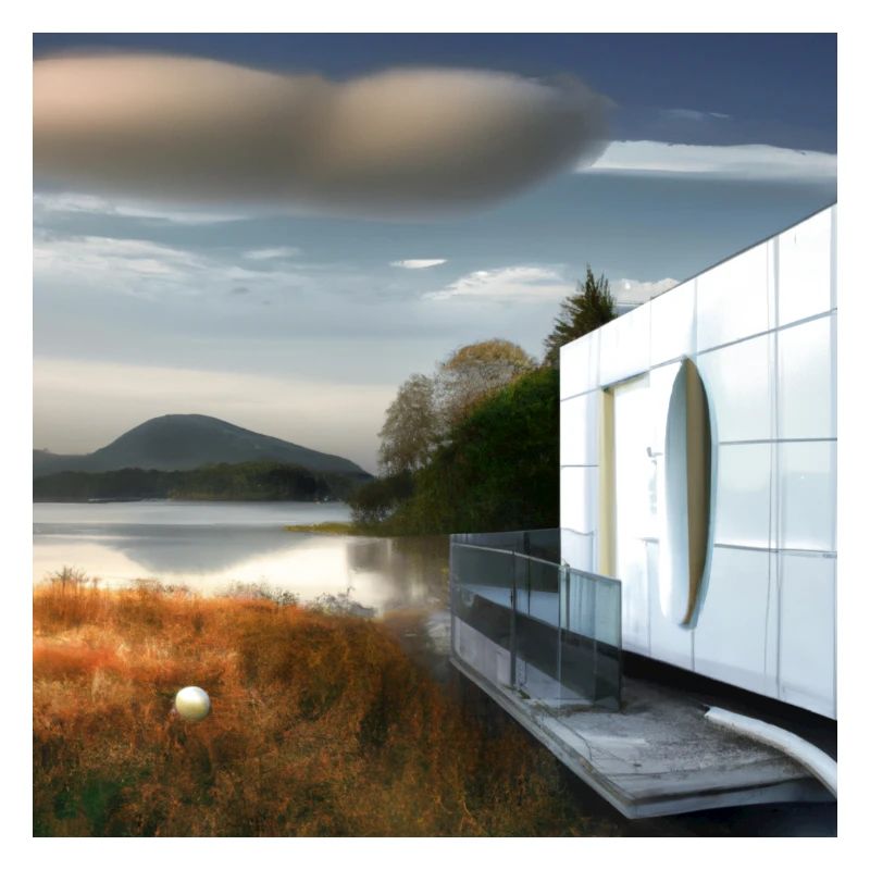 Modernes Haus mit See im Hintergrund