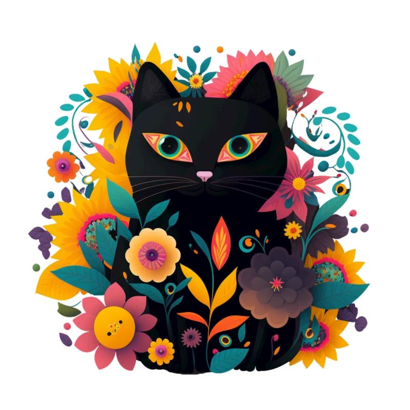 Chaton chat chat noir avec des fleurs colorées