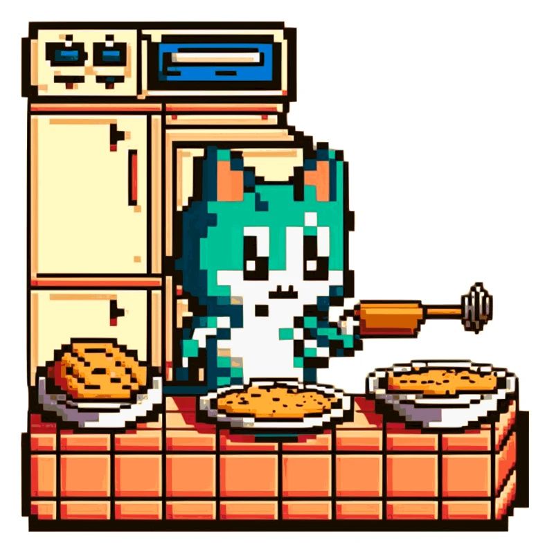 Cat in 8 bit as a chef in the kitchen at the stove
