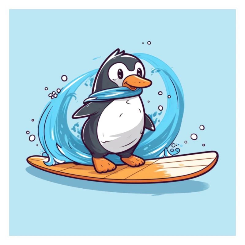 Pingouin de surf mignon sur une planche de surf
