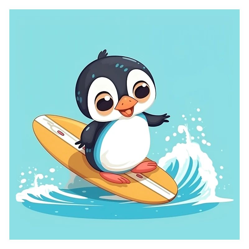 Pingouin de surf mignon sur une planche de surf