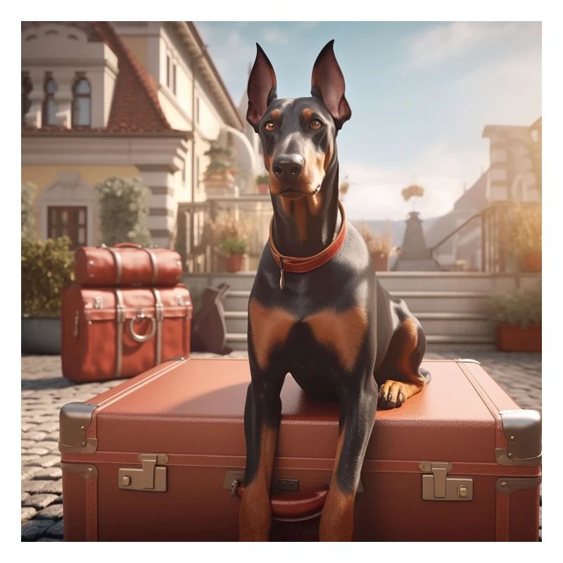Dobermann im Urlaub auf einem Koffer