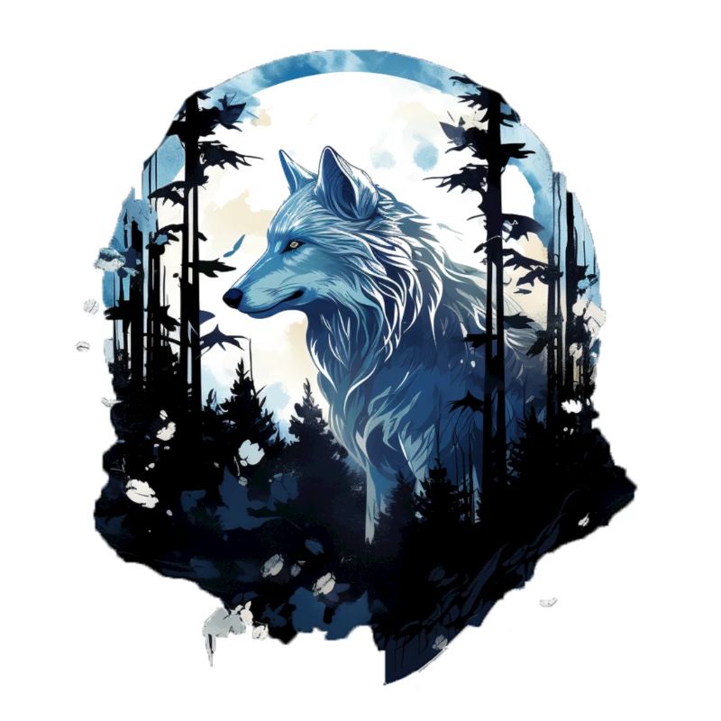 Weißer Wolf im Wald bei Vollmond