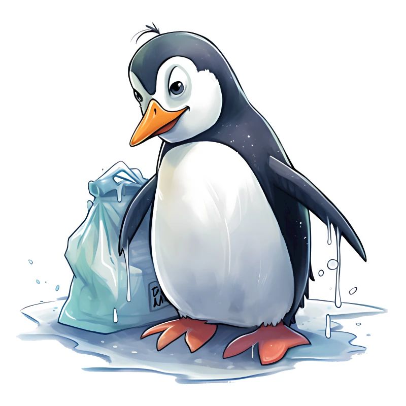 Penguin collecting garbage