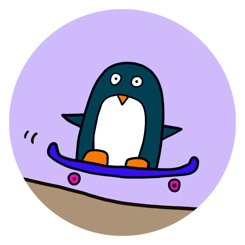 Penguin rides skateboard