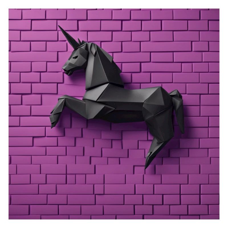 Licorne noire devant un mur violet