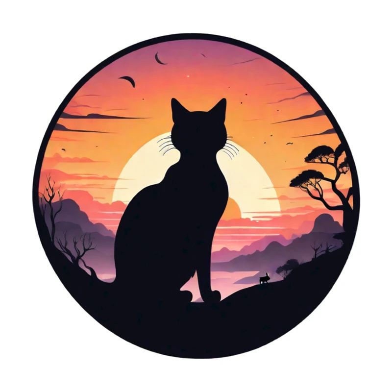 chat, paysage et coucher de soleil
