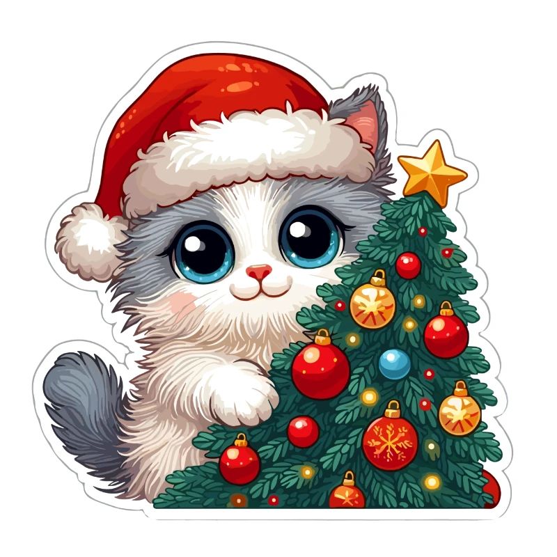 Chaton de Noël mignon et arbre décoré Art