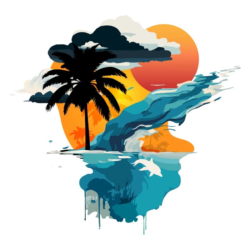 Coucher de soleil au bord de la mer - soleil, mer et palmier