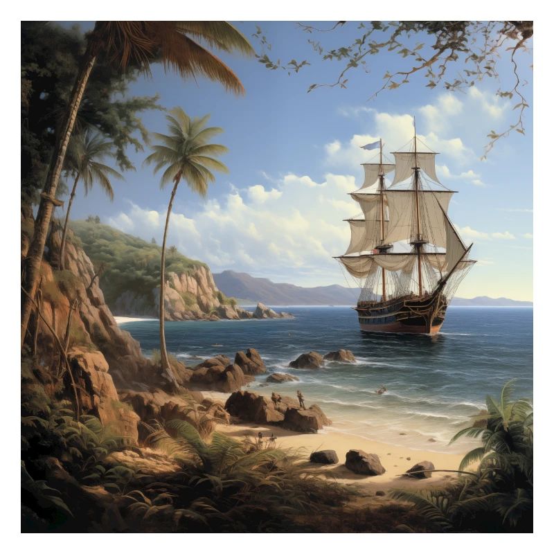Sailing ship on tropical coast