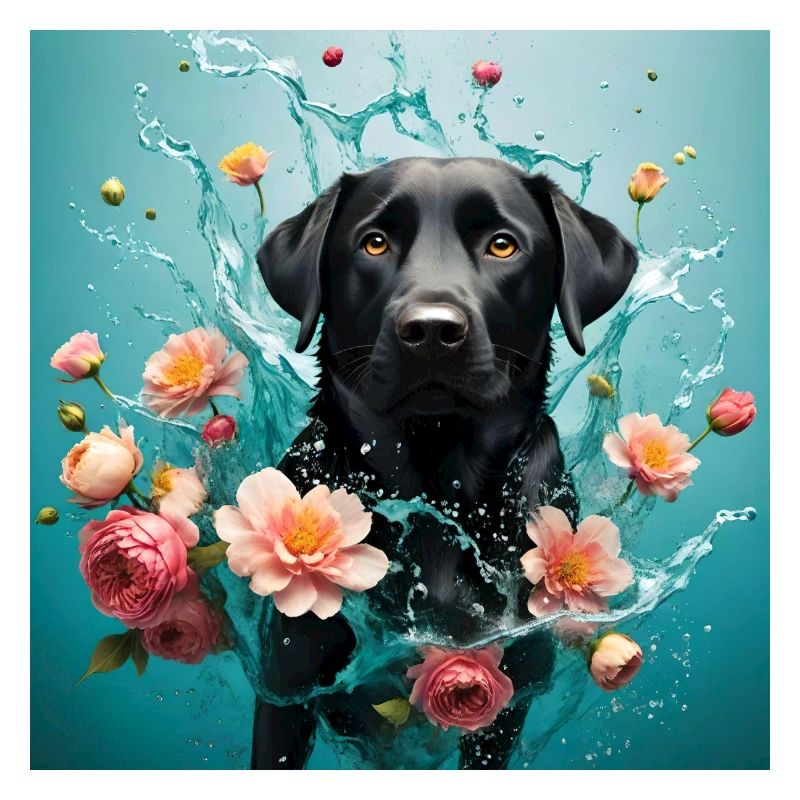 Labrador noir, fleurs et eau