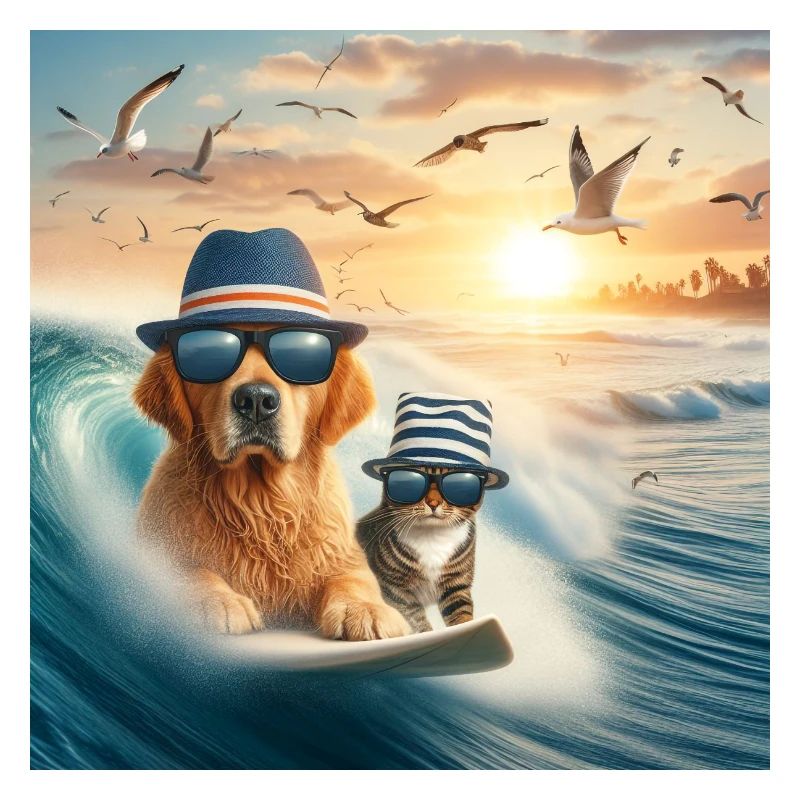 chient et chat surfeur